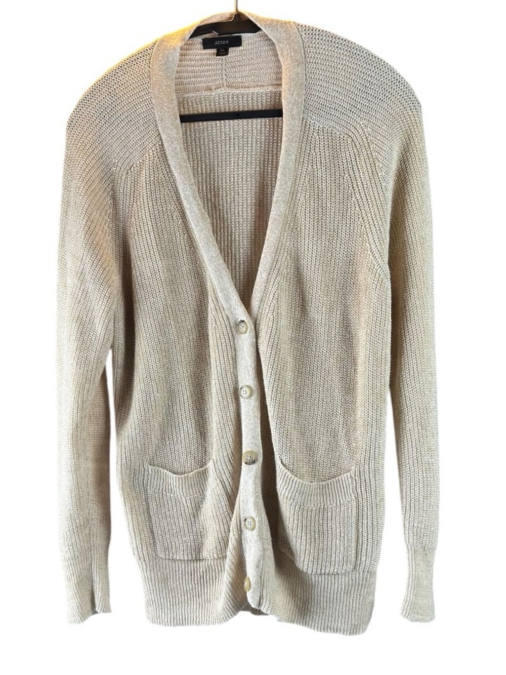 J.Crew Linen Cotton Knit Button Front V-Neck Slouchy Cardigan Tan XL